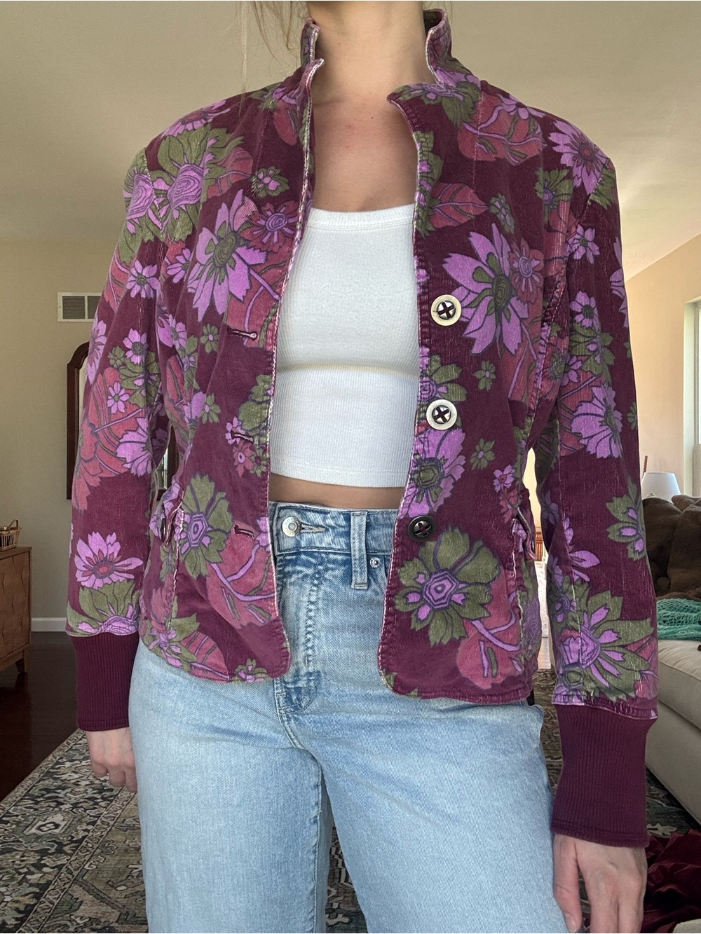 Floral Corduroy Jean Jacket - Plum Purple